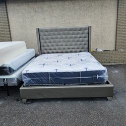 Silver King Size Sofia Vergara Upholstery Bed Frame With Brand New King Size Plush Stearns &foster Studio Mattress And Box Spring In Plastic 