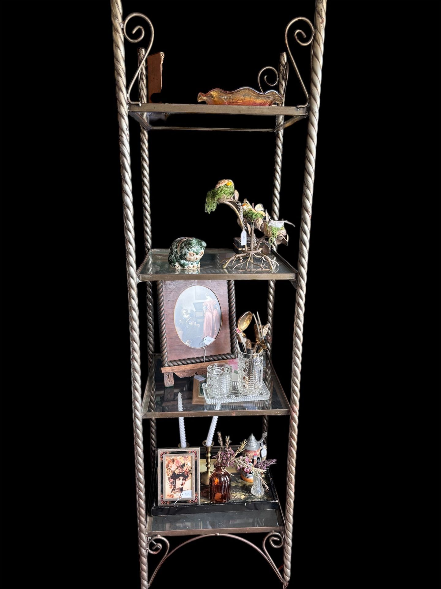 Vintage scroll metal glass etagere shelving, 4 shelf regency style