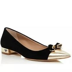 Tory Burch Designer Belleville Metallic Pointed Toe Flats Black/Gold Size 5M