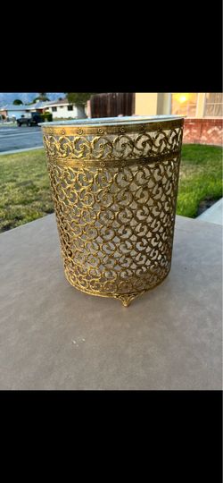 Vintage gold filigree metal trash can