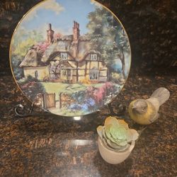 Cottagecore Decor Bundle – Marty Bell Plate + Wood Bird + Succulent