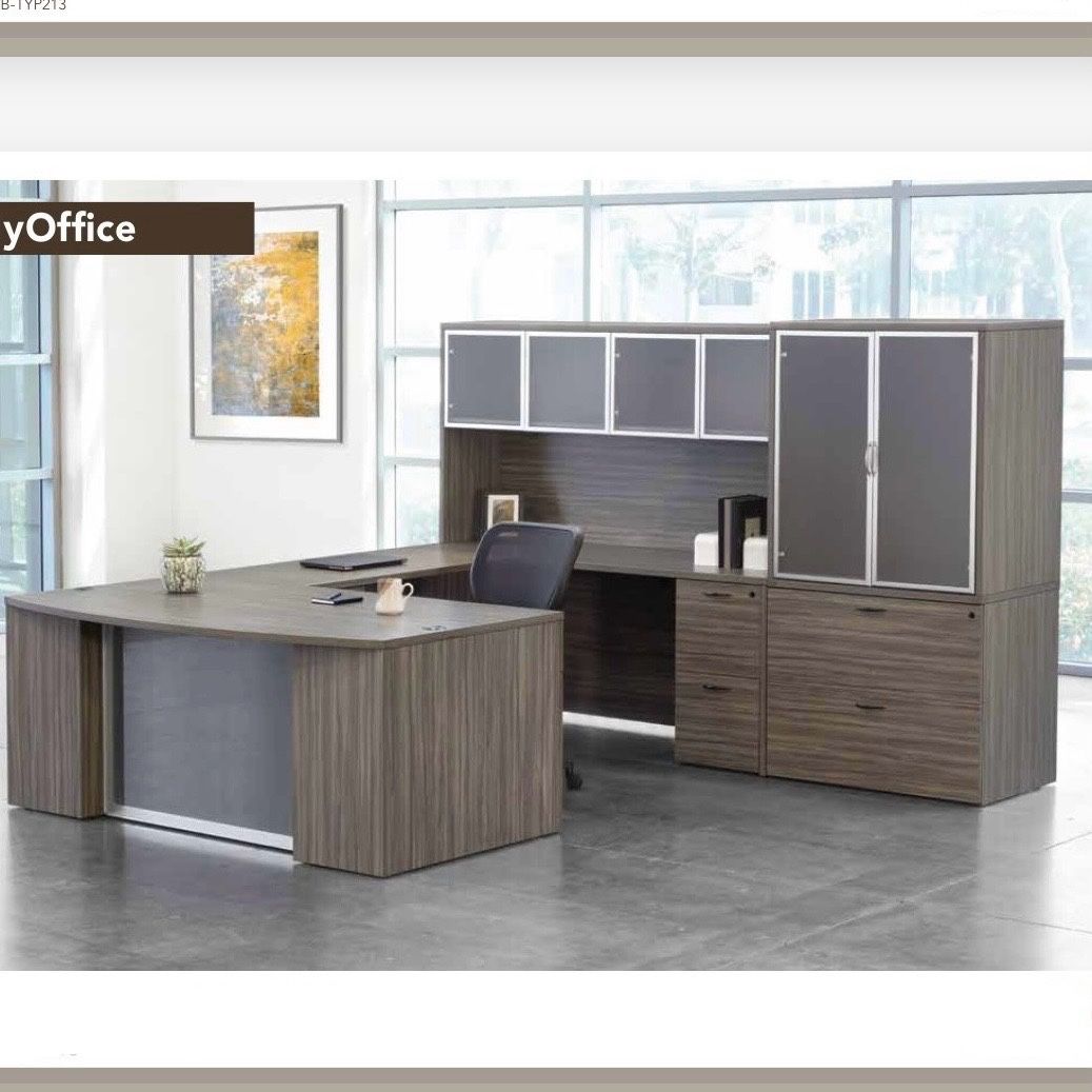 U Shaped Desk With Glass Modesty, Cadenza, And Storage