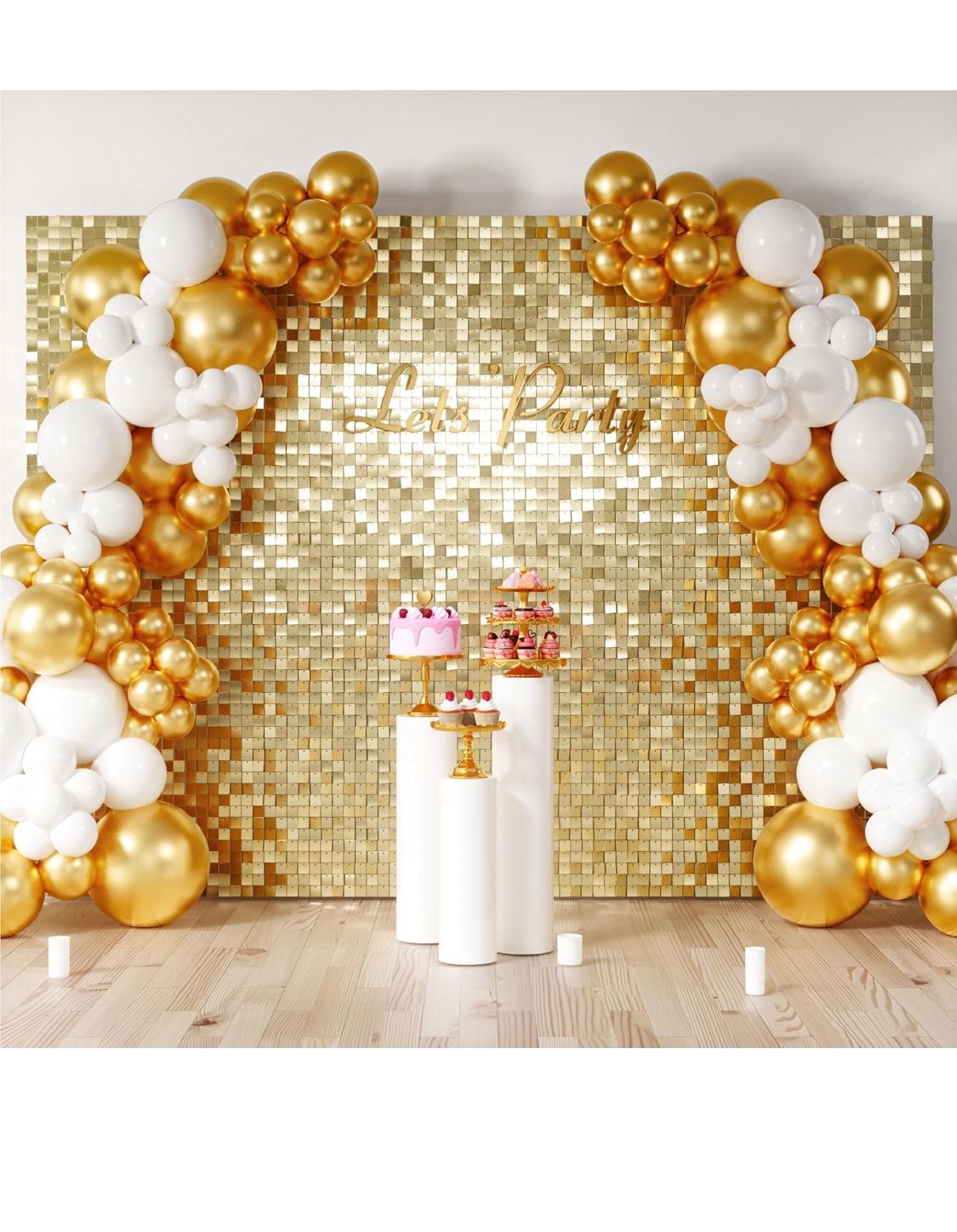 COKAOBE Light Gold Shimmer Wall Backdrop, 48PCS Square Sequin Shimmer Backdrop Panel, Photo Backdrops for Birthday, Anniversary, Wedding, Graduation &