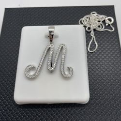 “M” Pendant - Moissanite. Diamonds & 925 Silver, Box Chain Included