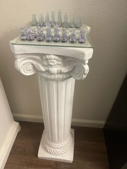 Glass Chess Set on Decorative Column Pedestal
