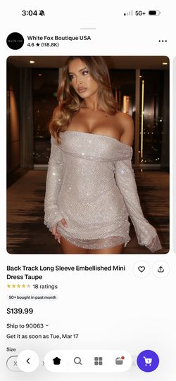 White Fox Back Track Long Sleeve Embellished Mini Dress Taupe