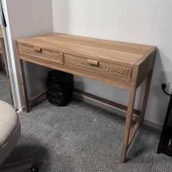 Desk With Two Drawers Wood Frame Light Brown Rattan 