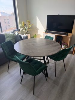Round Dining Table + 4 Green Upholstered Chairs