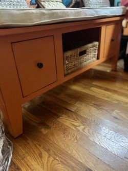 Orange Storage Wood Bench With Cushioned Seat