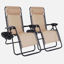 2 Zero Gravity Reclining Chairs Folding Garden Lounge Beach Lawn with Trays