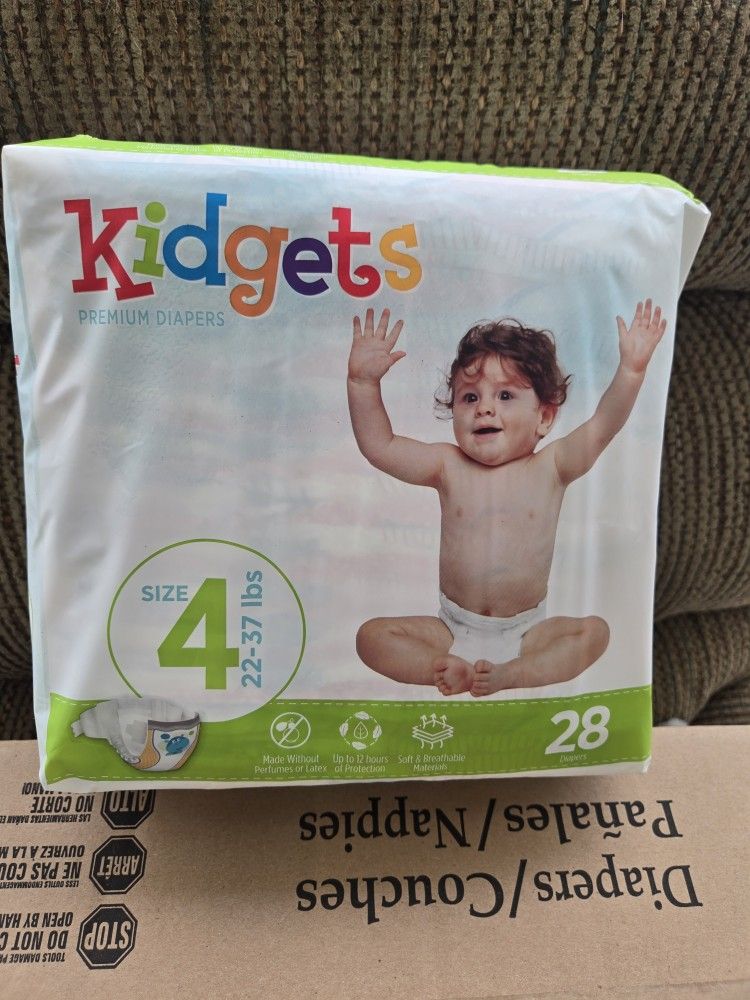 KIDGETS DIAPERS SIZE 4 112 COUNT 4 SEALED PACKS 28 EA