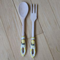 Sicily Italy Olive Wood Salad Serving Set w Hand-Painted Porcelain Handle. 11" Length. Handcrafted in Italy. Lemon Theme Serving Spoon & Fork.