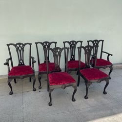 Set of 6 Traditional Mahogany Dining Chairs with Red Damask Upholstery