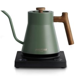 POLIVIAR Electric Gooseneck Kettle, 1200W Electric Tea Kettle Real Wood Handle, 34oz Pour Over Electric Kettle for Coffee & Tea, 18/8 Stainless Steel 
