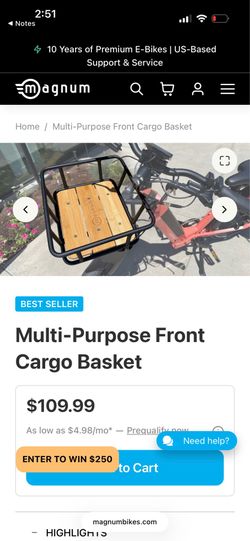 Multipurpose front cargo basket, Magnum E bike storage attachment accessory. All hardware included.
