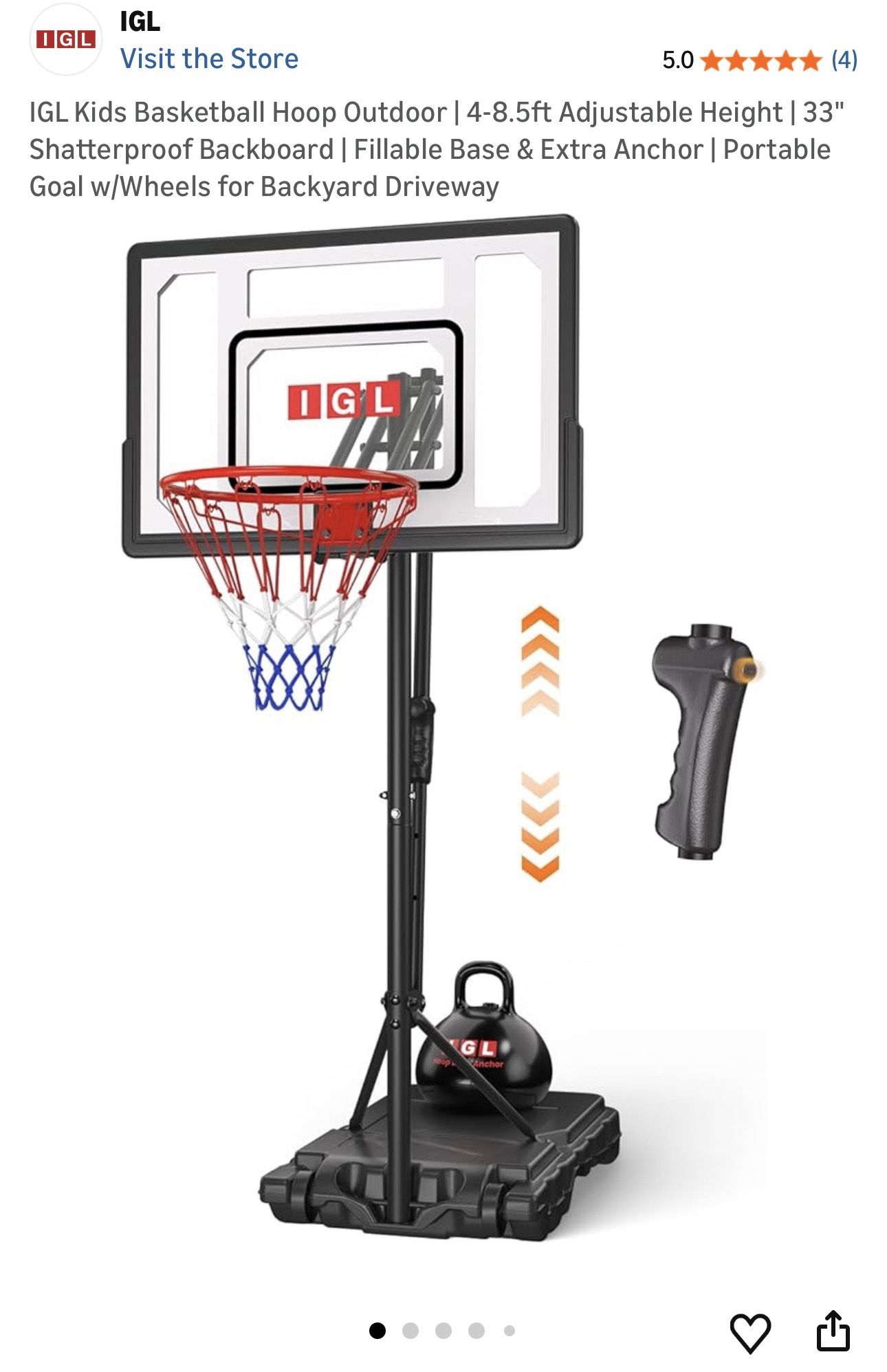 IGL Kids Basketball Hoop Outdoor | 4-8.5ft Adjustable Height | 33" Shatterproof Backboard | Fillable Base & Extra Anchor | Portable Goal w/Wheels for