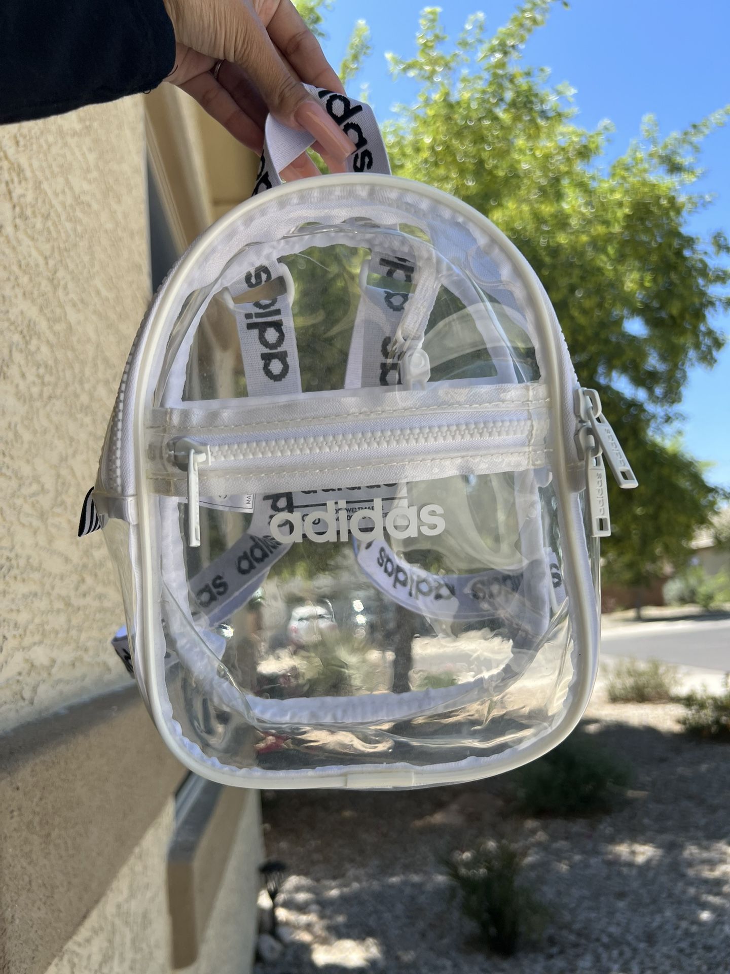 adidas clear mini backpack white Transparent design lets you see your contents instantly Adidas Originals Mini Clear Backpack