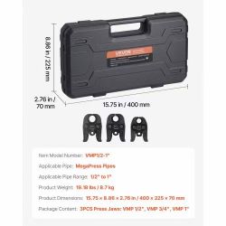 MegaPress Jaws, 3PCS Pressing Jaws 1/2", 3/4" & 1" for MegaPress Carbon Steel Pipes, Compatible with Standard Press Tools, Includes Carrying Case. 386