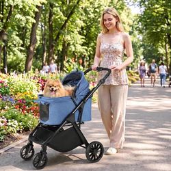 Foldable Dog Stroller for Medium Dogs Up to 33 Lbs, One-Click Fold All-Terrain Pet Stroller for Senior & Injured with Adjustable 35"-40" Handle, Sun S