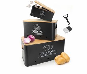 Kitchen Vegetable Storage Set of 3, Metal Onion Garlic Potato Storage Set, Kitchen Canisters Vegetable Keeper Containers with Aerating Holes and Bambo