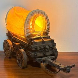 Vintage Wood Western Covered Wagon Lamp Decor