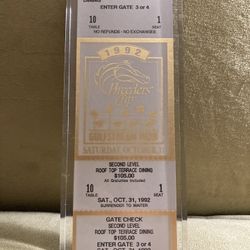 1992 Breeder’s Cup Gulfstream Park Rooftop Terrace Glass Encased Unused Full Ticket 