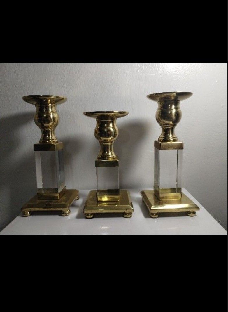 BRASS - LUCITE CANDLESTICK SET OF 3 - Z998