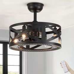 17 in. Indoor 4-Light Small Black Caged Ceiling Fan with Light Farmhouse Enclosed Ceiling fan with Remote.