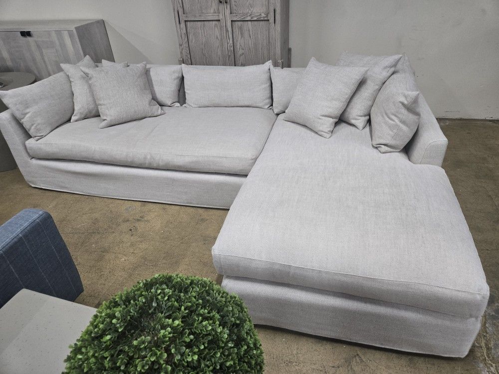 🔥🔥🔥 Lulu and Georgia Down Parque Right Facing Slipcover Sectional Sofa upholstered in Beige color performance fabric
