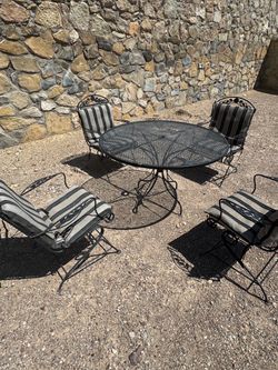 Antique Gorgeous all metal patio set of 5 piece, cushions, sell as is, see pictures and descriptions
