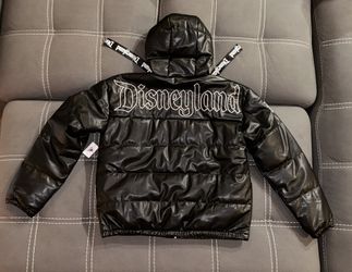 New Disney Leather Jacket Medium DISNEYLAND Puffer Faux Zip Up