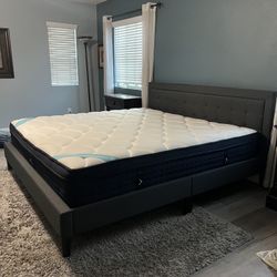 Like New King Size Mattress And Kind Size Upholstered Gray Bed Frame 
