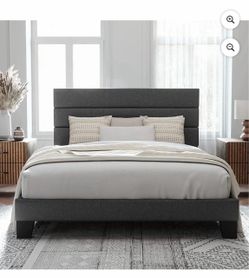 Queen Size Platform Bed Frame with Fabric Upholstered Headboard and Wooden Slats Support, Fully Upholstered Mattress Foundation/No Box Spring Needed/E
