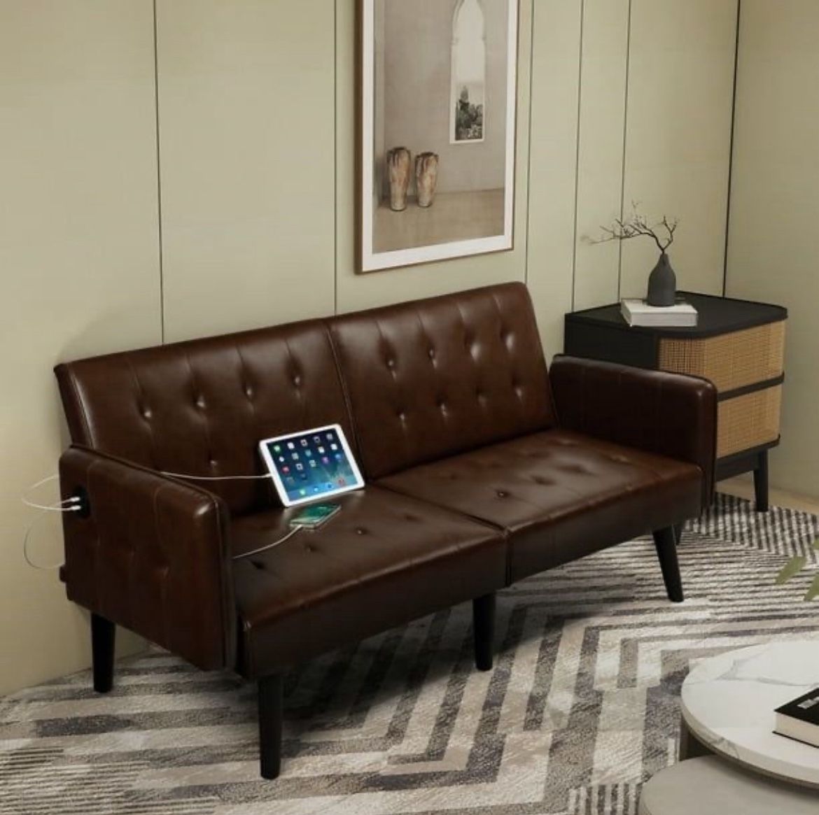 63'' Leather Convertible Futon Sofa Bed Sleeper Tufted Folding Couch w/ 2 USB Ports Brown