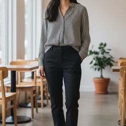 Talbots Blouse Large Black White Geometric Work Office Business Casual Top