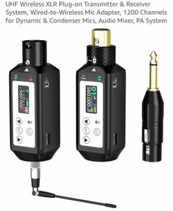 UHF Wireless XLR Plug-on Transmitter & Receiver System, Wired-to-Wireless Mic Adapter, 1200 Channels for Dynamic & Condenser Mics, Audio Mixer, PA Sys