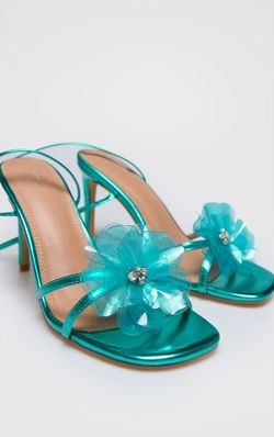 TURQUOISE METALLIC PU FLOWER LACE UP HEELED SANDALS Size 6-7