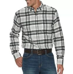 Croft & Barrow Extra-Soft Flannel Button-Down White and Black Plaid Shirt Men's Size M L XL