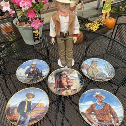 Vintage John Wayne Doll & Five Collector Plates & Two Magazines 