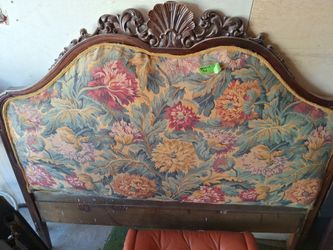 Antique Double Bed Headboard Carved Wood Floral Upholstery