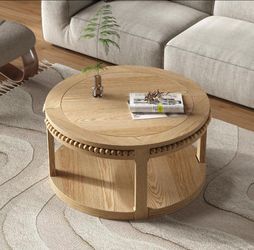 Round Coffee Table with Storage Shelf, 31.5" Solid Wood Coffee Table for Living Room, Two-Tier Rustic Wood Desktop, Sturdy Legs, Circle Table for Livi