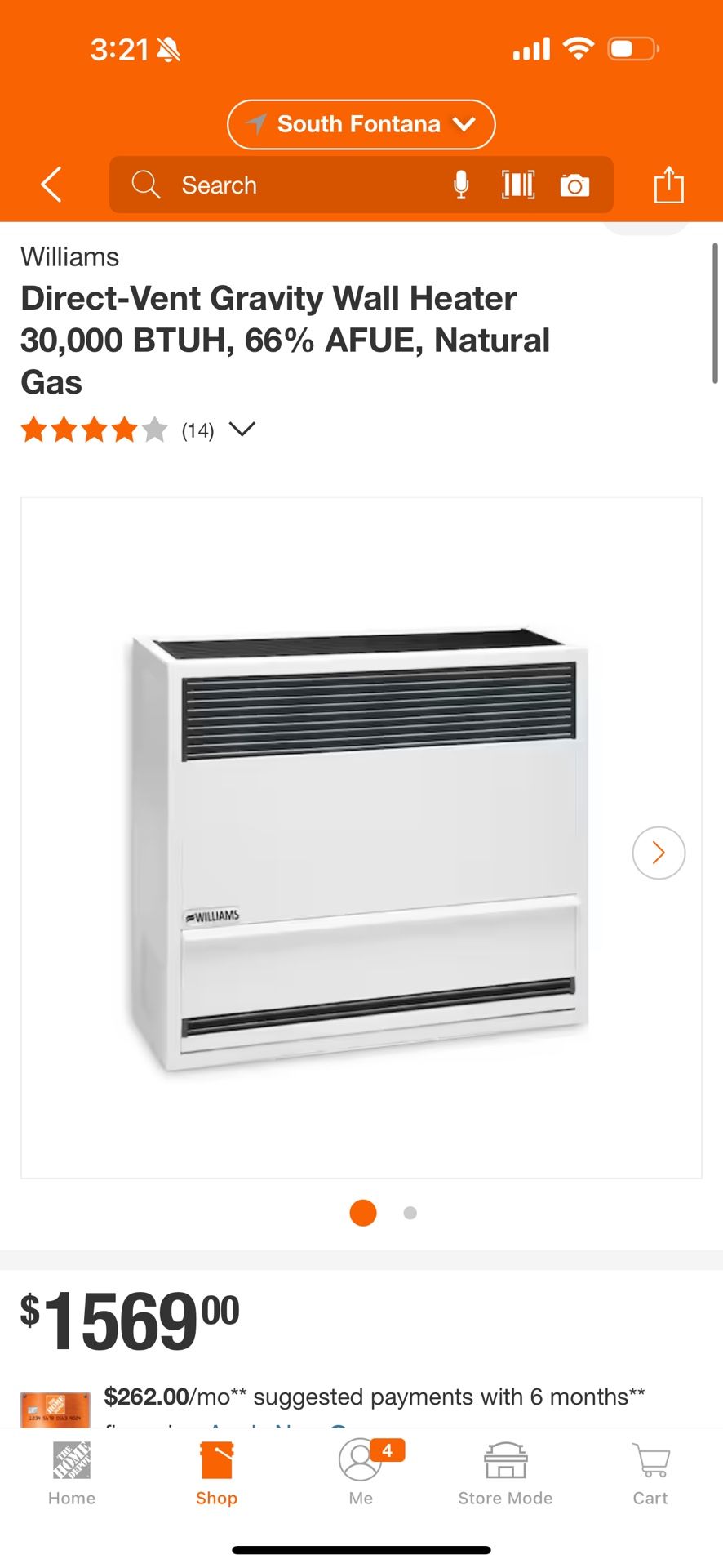 Williams Direct Vent Gravity Wall Heater 30,000 BTUH, 66% AFUE