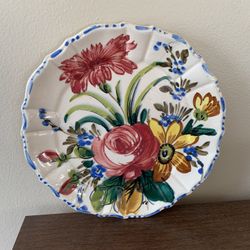 Vintage Italian Hand-Painted Rose Scalloped Round FLORAL Platter 9.5” Multicolor
