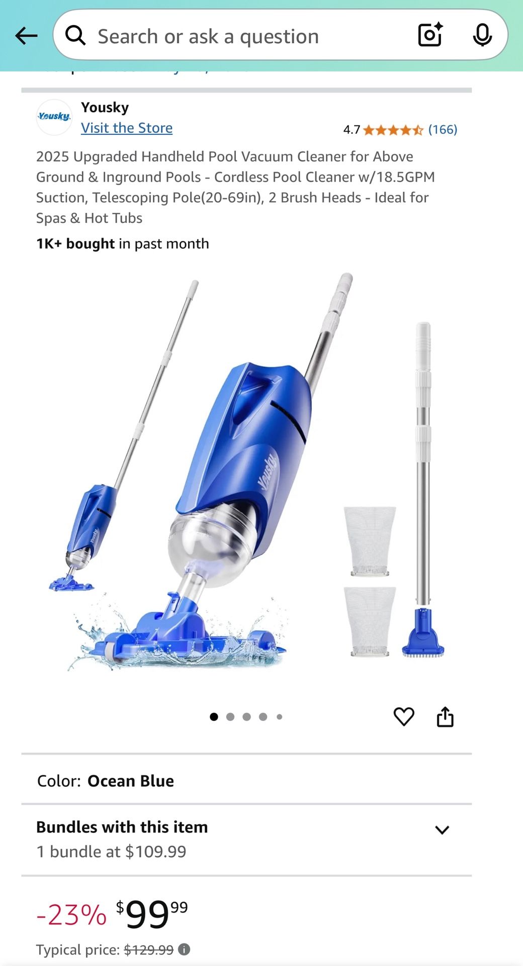 Upgraded Handheld Pool Vacuum Cleaner for Above Ground & Inground Pools - Cordless Pool Cleaner w/18.5GPM Suction, Telescoping Pole(20-69in), 2 Brush