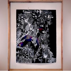 Handmade Black & White Sea Shell Mermaid Ocean Fantasy Scratchboard Artwork