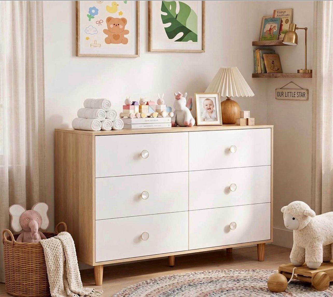 White Dresser for Bedroom, 6 Drawer Dressers with Solid Wood Legs, Baby Dresser for Kids, Storage fo