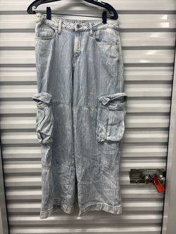 Wild Fable Blue White Striped Denim Cargo Jeans Cargo Pockets Zip Button Women