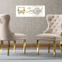 Tufted Velvet Beige Dinning Chairs Set 2 