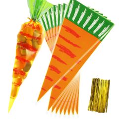 Carrot Bags for Treats Cone Cellophane Candy Plastic Gift Bags with 100 Pieces Gold Twist Ties for Cookies Candy Easter Party Popcorn Goodie Cookie Pa