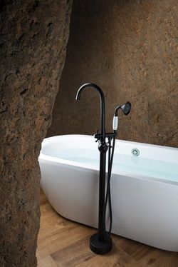 SITES Solid Brass Freestanding Bathtub Faucet, Bathroom Floor Mount Tub Filler,  Dual Function Double Cross Handles With Ceramic Hand Shower, Matte Bl